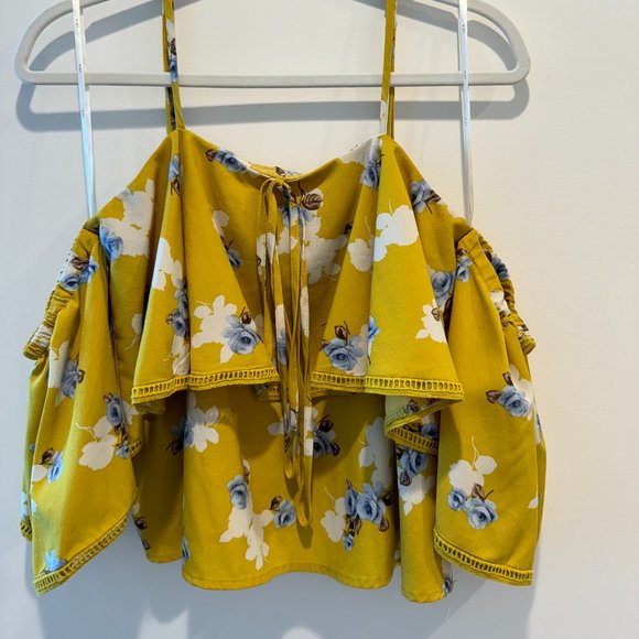 J.O.A Yellow Floral Cold Shoulder Tie Neck Top - Picture 1 of 7